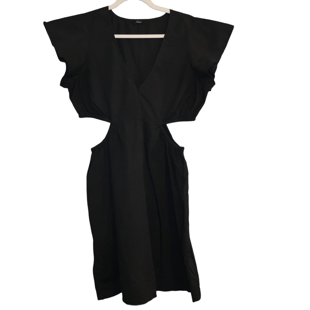 Rails black sundress size L. V-neckline, flutter sleeves, and waist cut-outs.